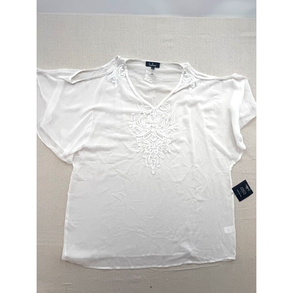 Lulu's White Sheer V-Neck Beaded Tunic
